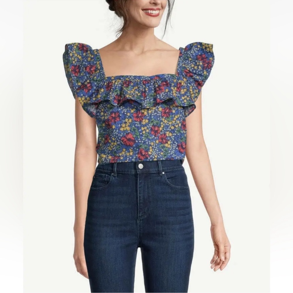 Loft Floral Ruffle Blue Top